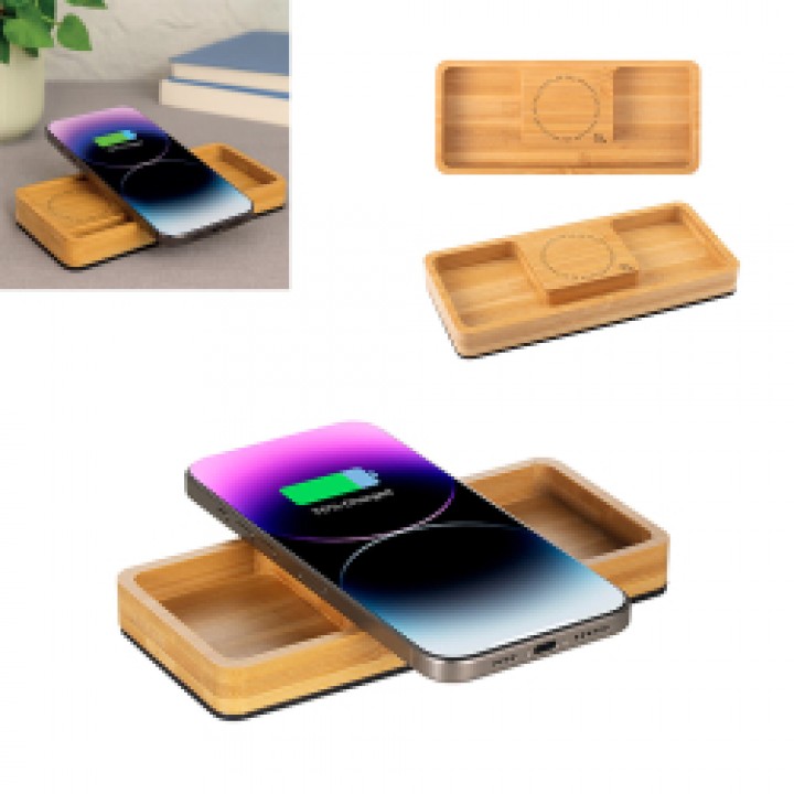 Bambu Wireless Şarjlı Masaüstü Düzenleyici 15W Logolu Promosyon Organizer